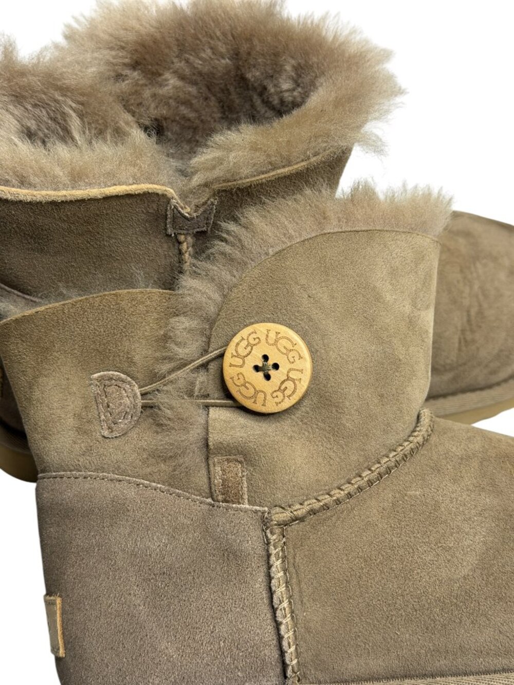 Ugg Mini Bailey Button Boots Suede Shearling Shoes Women Tan Brown 10 - Picture 9 of 11